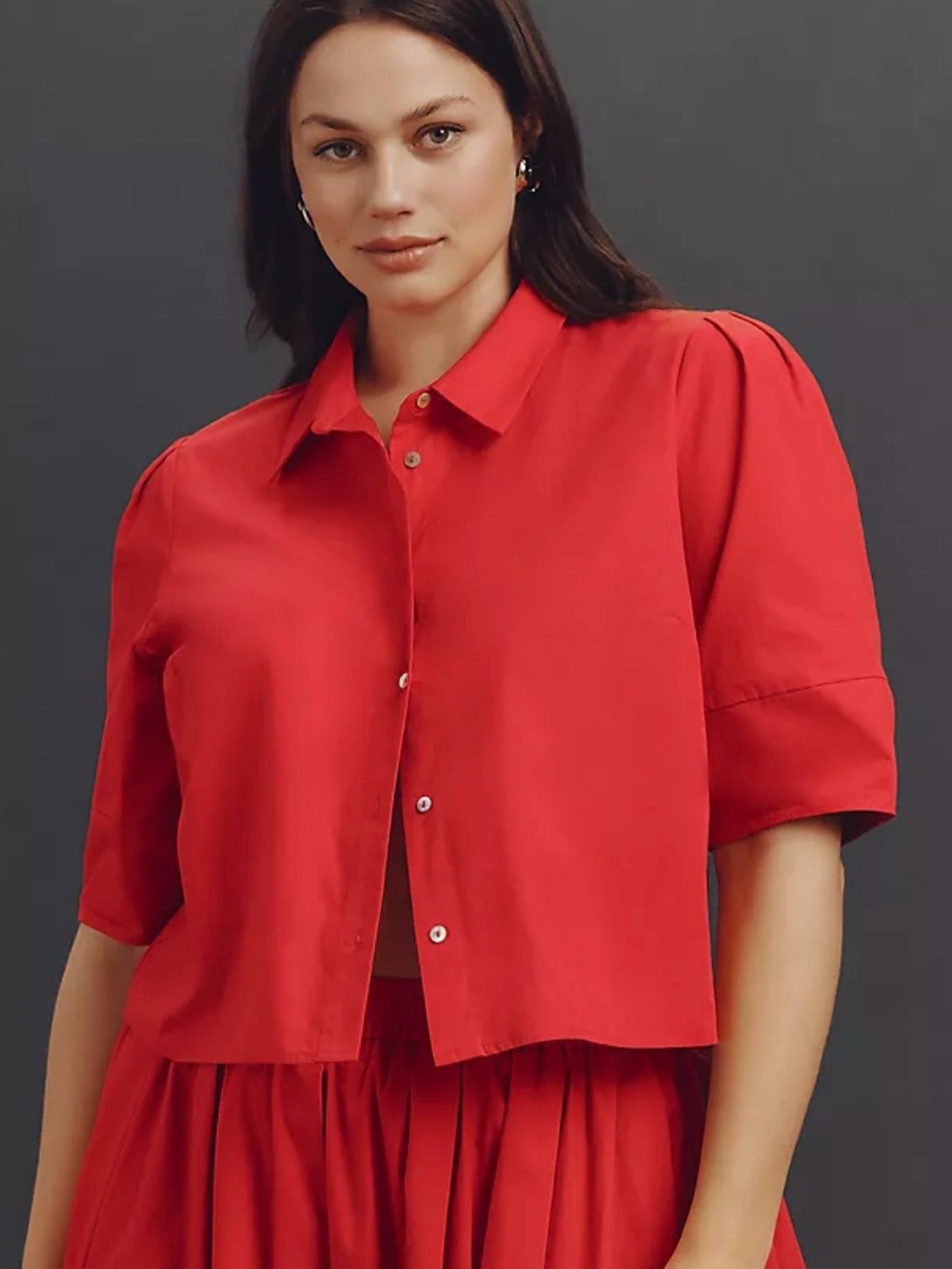 Maeve Lantern Sleeve Red Cropped Button-Front Shirt XS